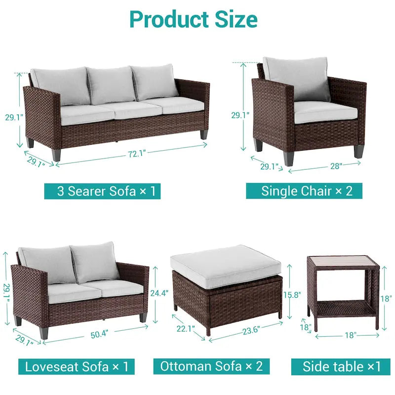 Bonosuki Ensemble de 7 meubles en rotin PE avec table d'appoint, fauteuil de terrasse avec coussin lavable, poufs pour balcon, porche, jardin