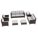Bonosuki Ensemble de 7 meubles en rotin PE avec table d'appoint, fauteuil de terrasse avec coussin lavable, poufs pour balcon, porche, jardin