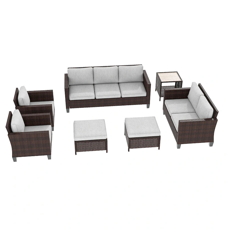 Bonosuki Ensemble de 7 meubles en rotin PE avec table d'appoint, fauteuil de terrasse avec coussin lavable, poufs pour balcon, porche, jardin