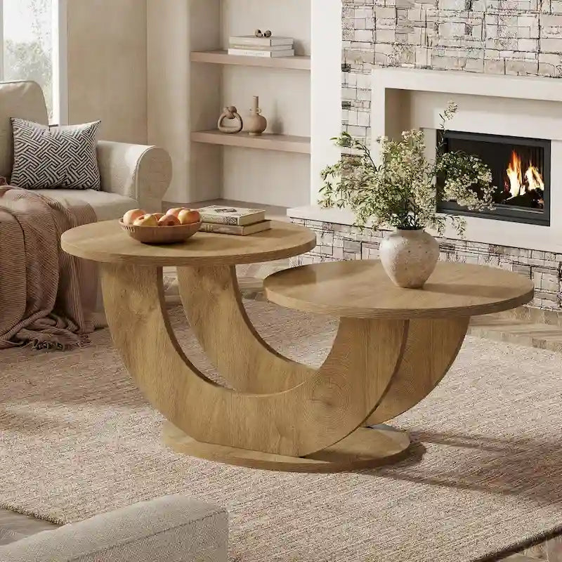 2-Tier Farmhouse Coffee Table for Living Room with U-Shaped Frame