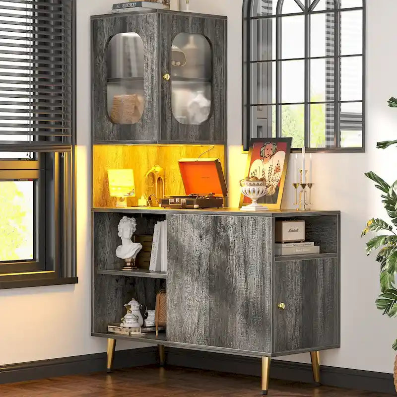 Meuble d'angle réversible avec éclairage LED, prises électriques et portes, table de chevet, bout de canapé