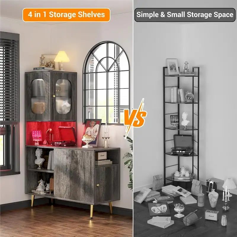 Meuble d'angle réversible avec éclairage LED, prises électriques et portes, table de chevet, bout de canapé