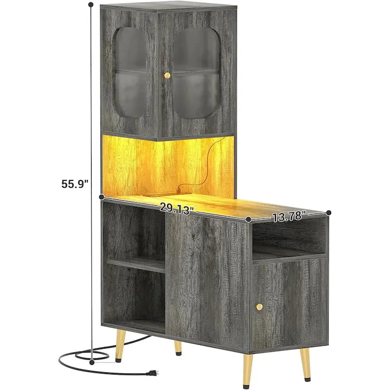 Meuble d'angle réversible avec éclairage LED, prises électriques et portes, table de chevet, bout de canapé