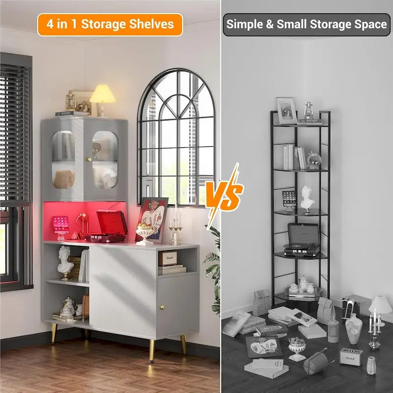 Meuble d'angle réversible avec éclairage LED, prises électriques et portes, table de chevet, bout de canapé
