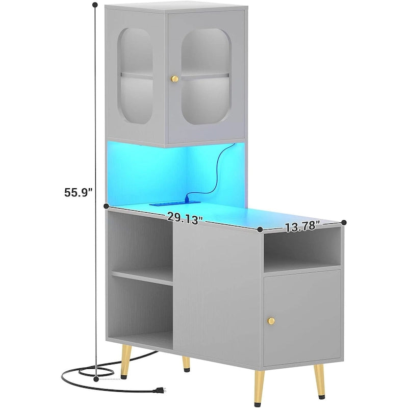Meuble d'angle réversible avec éclairage LED, prises électriques et portes, table de chevet, bout de canapé