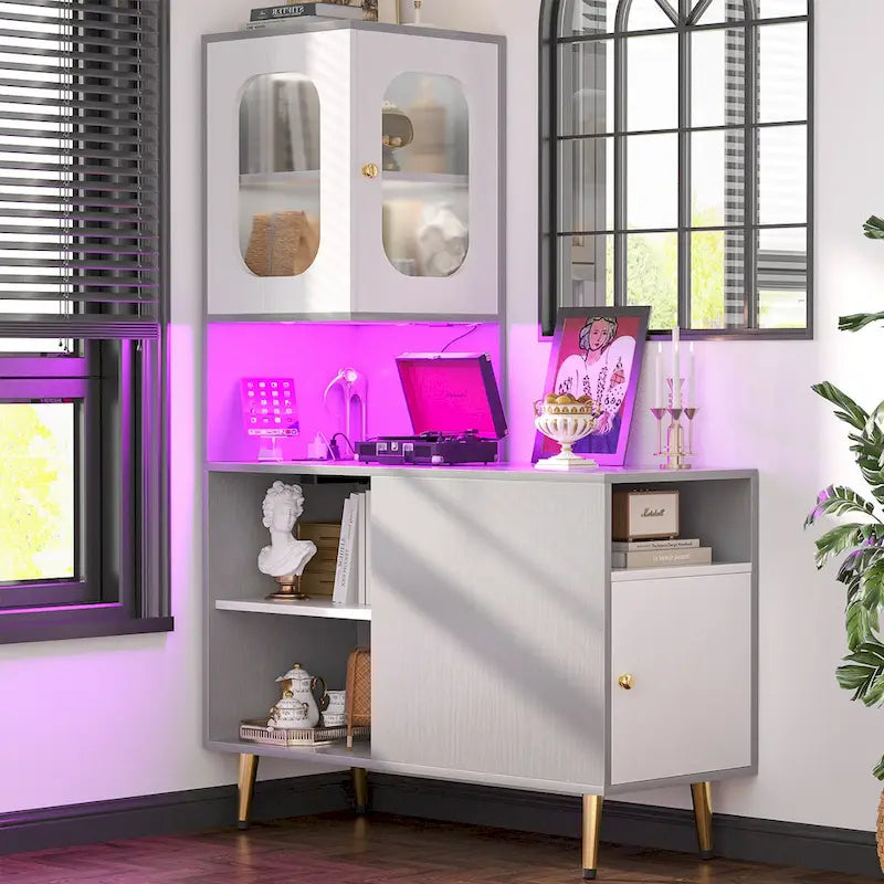 Meuble d'angle réversible avec éclairage LED, prises électriques et portes, table de chevet, bout de canapé