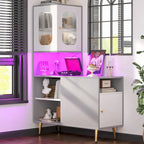Meuble d'angle réversible avec éclairage LED, prises électriques et portes, table de chevet, bout de canapé