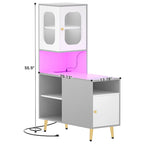 Meuble d'angle réversible avec éclairage LED, prises électriques et portes, table de chevet, bout de canapé