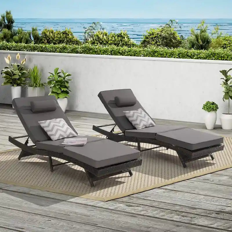 Outdoor Wicker Long Reclining Chair Set of 2, Wicker Reclining Lounge Chair Lawn Sunbathing Chairs for Beach Poolside Garden