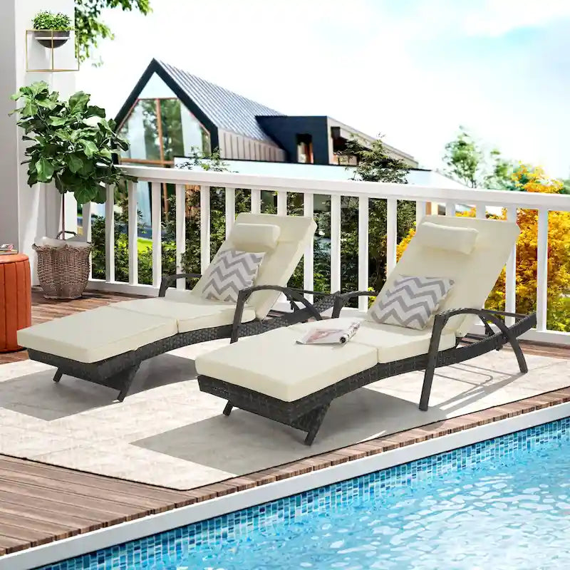 Chaises longues inclinables d'extérieur en rotin pour jardin, plage ou piscine, ensemble de 2