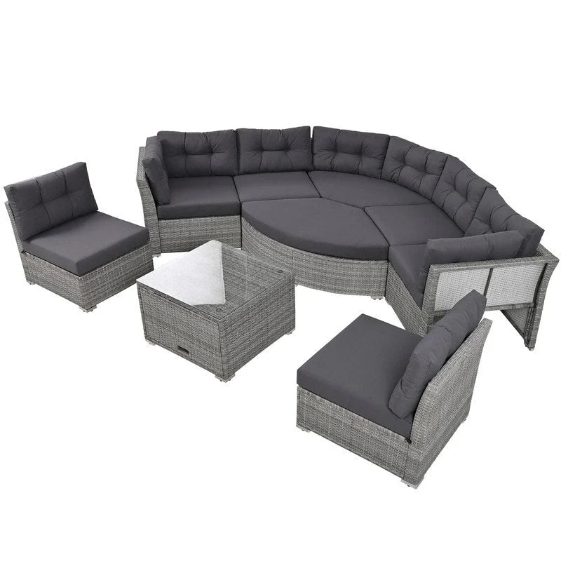 Ensemble de canapé de jour sectionnel en rotin pour l'extérieur – Complet avec coussins moelleux et table basse.