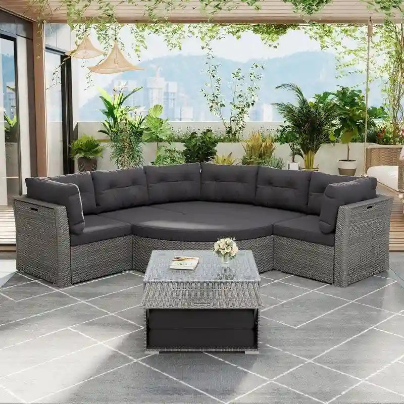 Ensemble de canapé de jour sectionnel en rotin pour l'extérieur – Complet avec coussins moelleux et table basse.