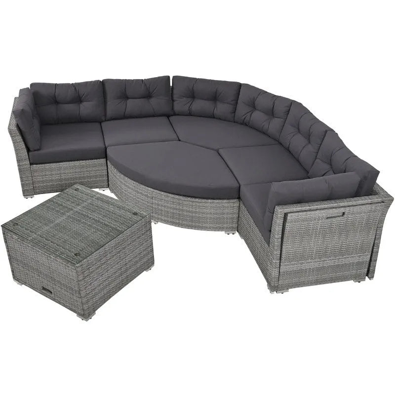 Ensemble de canapé de jour sectionnel en rotin pour l'extérieur – Complet avec coussins moelleux et table basse.