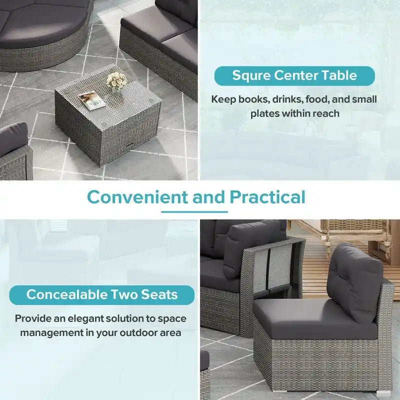 Ensemble de canapé de jour sectionnel en rotin pour l'extérieur – Complet avec coussins moelleux et table basse.