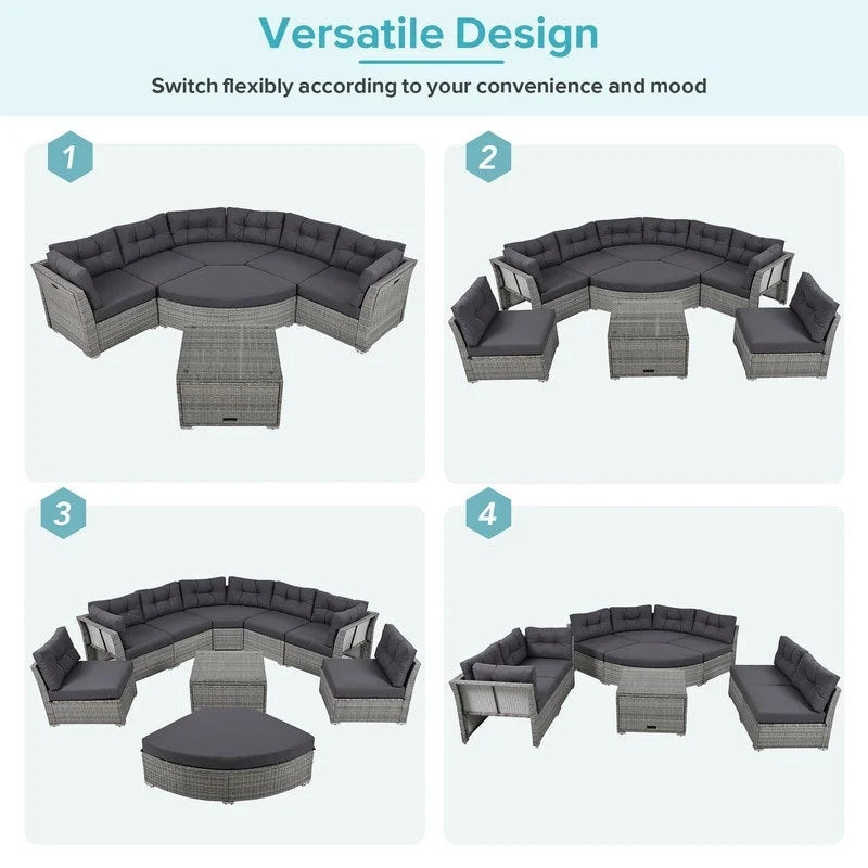 Ensemble de canapé de jour sectionnel en rotin pour l'extérieur – Complet avec coussins moelleux et table basse.