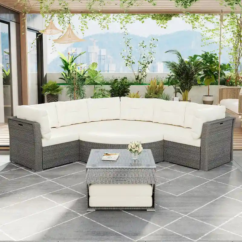 Ensemble de canapé de jour sectionnel en rotin pour l'extérieur – Complet avec coussins moelleux et table basse.