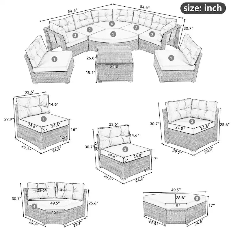Ensemble de canapé de jour sectionnel en rotin pour l'extérieur – Complet avec coussins moelleux et table basse.