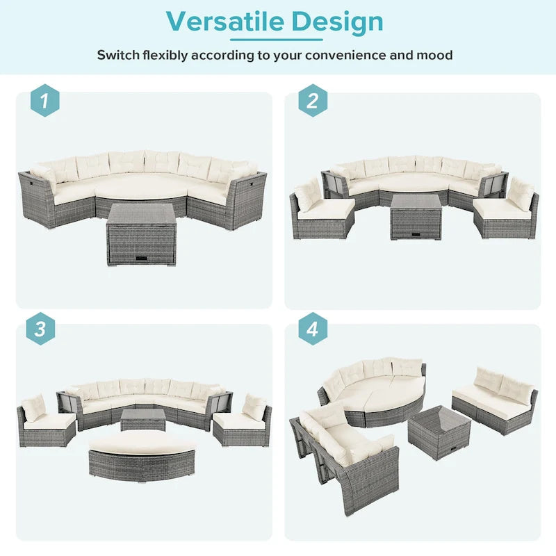 Ensemble de canapé de jour sectionnel en rotin pour l'extérieur – Complet avec coussins moelleux et table basse.
