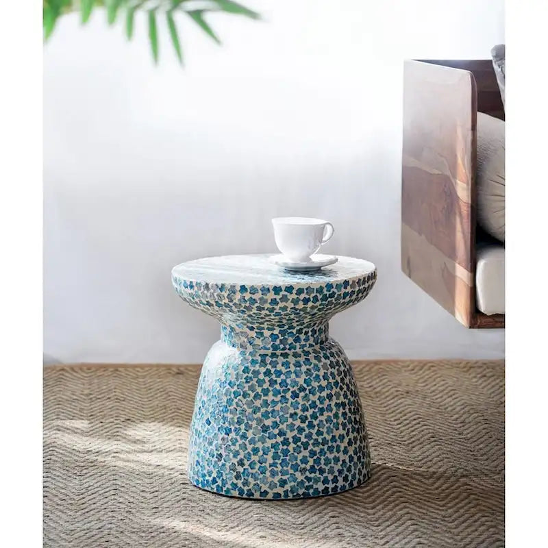 GDFStudio - Eliza Round Mosaic Accent Side Table with Blue Capiz Tile Finish - 17.3