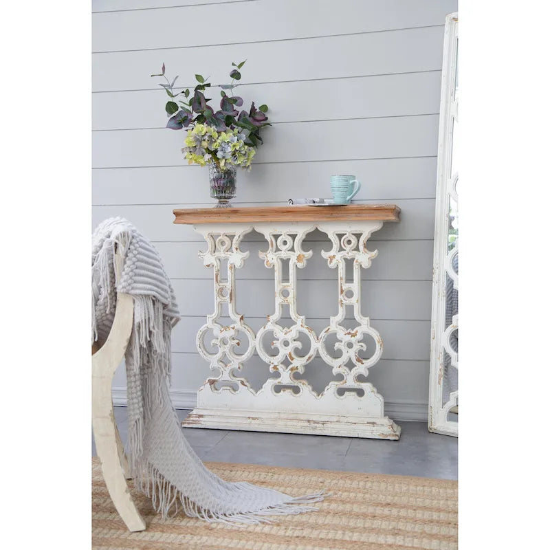 GDFStudio - Console vintage Harper avec base en volutes et plateau en bois marron - 34,3