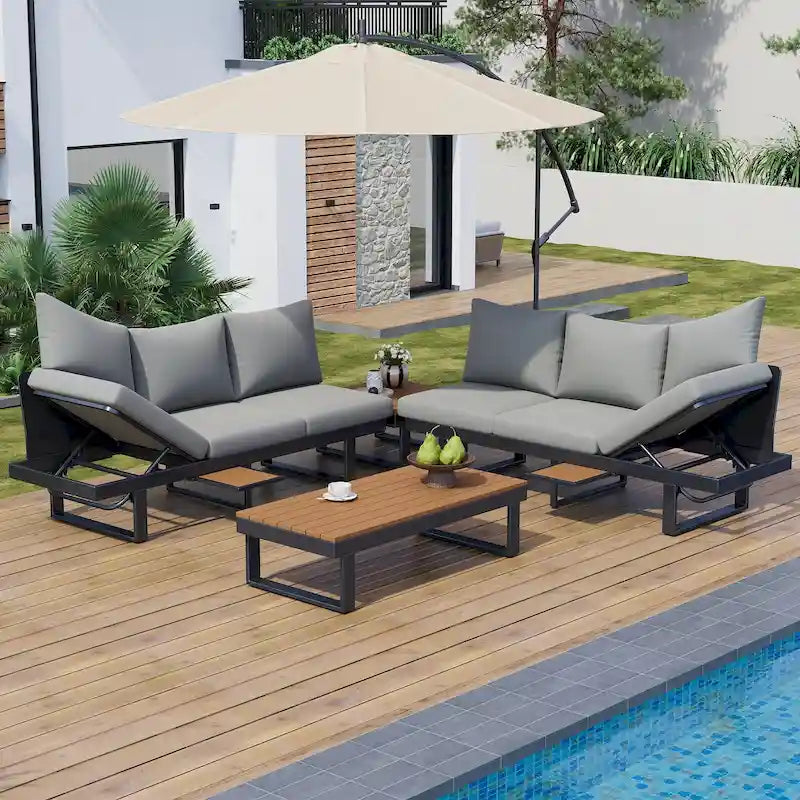 Canapé d'angle d'extérieur avec sièges inclinables réglables, mobilier de patio en forme de L, structure en fer gris, 256 x 256 cm