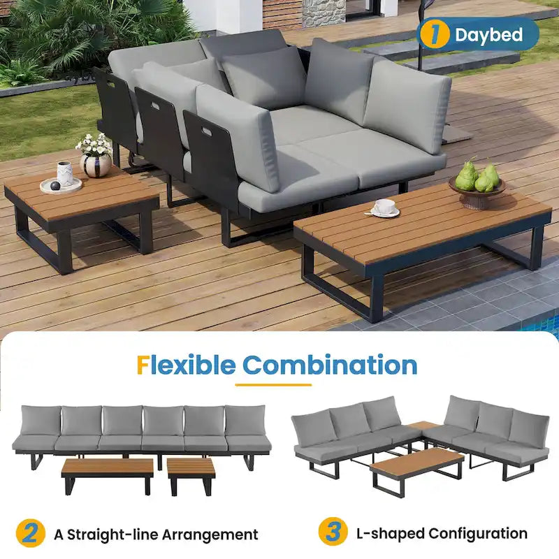 Canapé d'angle d'extérieur avec sièges inclinables réglables, mobilier de patio en forme de L, structure en fer gris, 256 x 256 cm