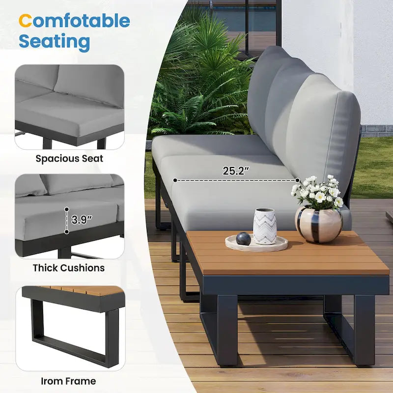 Canapé d'angle d'extérieur avec sièges inclinables réglables, mobilier de patio en forme de L, structure en fer gris, 256 x 256 cm