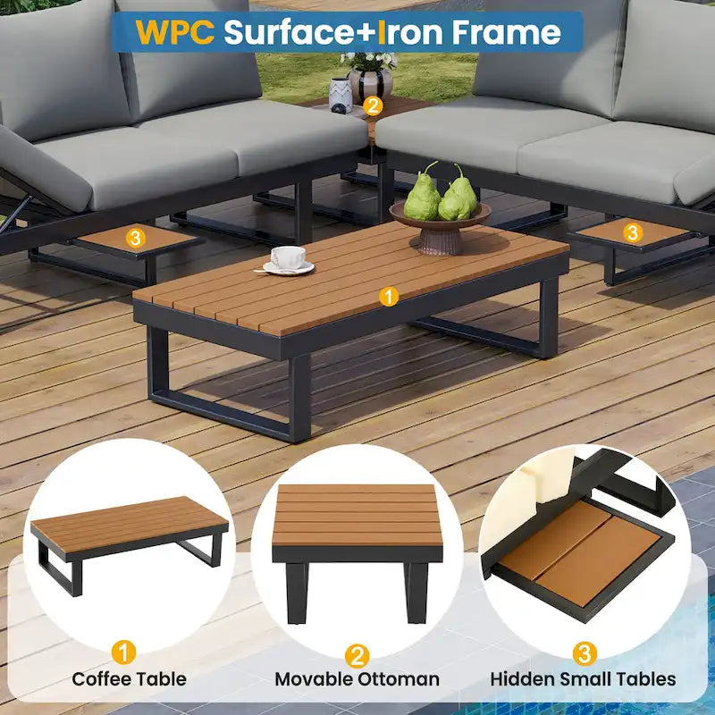 Canapé d'angle d'extérieur avec sièges inclinables réglables, mobilier de patio en forme de L, structure en fer gris, 256 x 256 cm