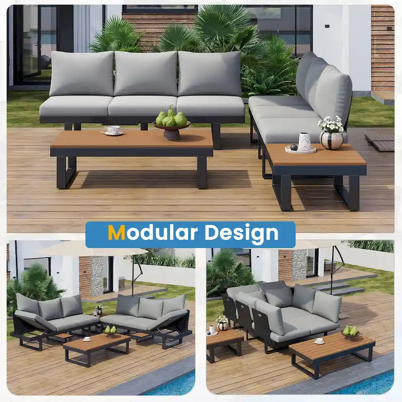 Canapé d'angle d'extérieur avec sièges inclinables réglables, mobilier de patio en forme de L, structure en fer gris, 256 x 256 cm