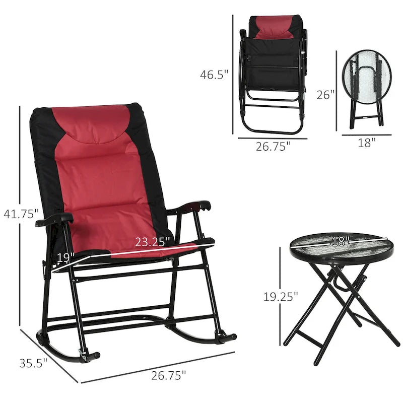 Ensemble de meubles de patio 3 pièces d'extérieur avec table basse en verre et 2 chaises berçantes pliantes rembourrées