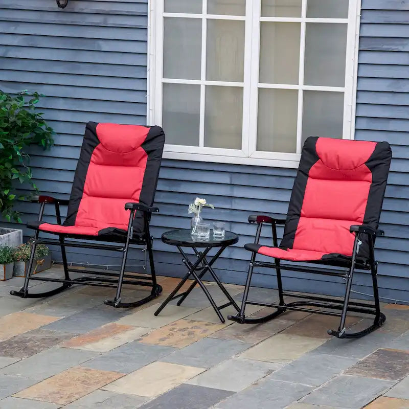 Ensemble de meubles de patio 3 pièces d'extérieur avec table basse en verre et 2 chaises berçantes pliantes rembourrées