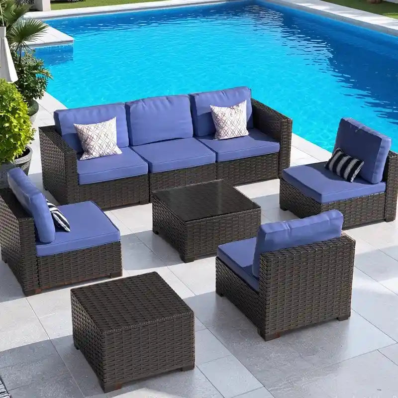 Salon de jardin moderne 8 pièces en osier avec table de rangement
