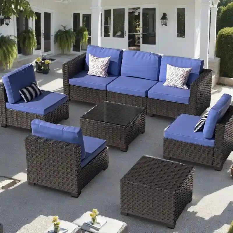 Salon de jardin moderne 8 pièces en osier avec table de rangement