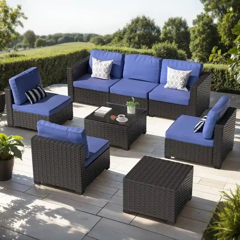 Salon de jardin moderne 8 pièces en osier avec table de rangement