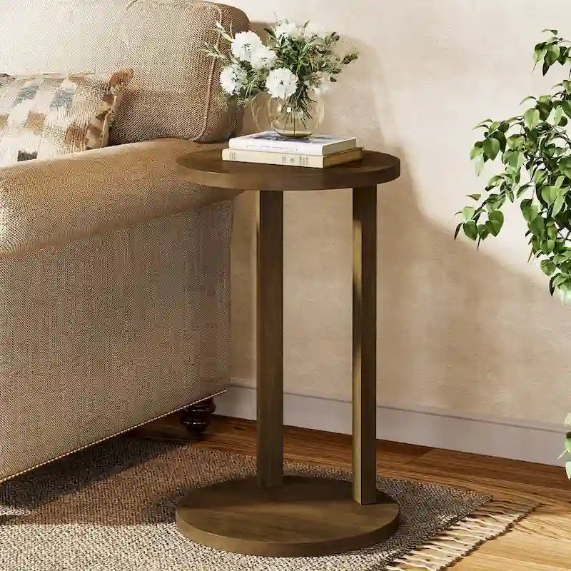 Table d'appoint ronde, Table d'appoint de style rustique à 2 niveaux avec pieds en bois massif