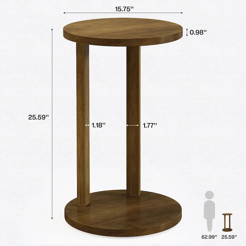 Table d'appoint ronde, Table d'appoint de style rustique à 2 niveaux avec pieds en bois massif