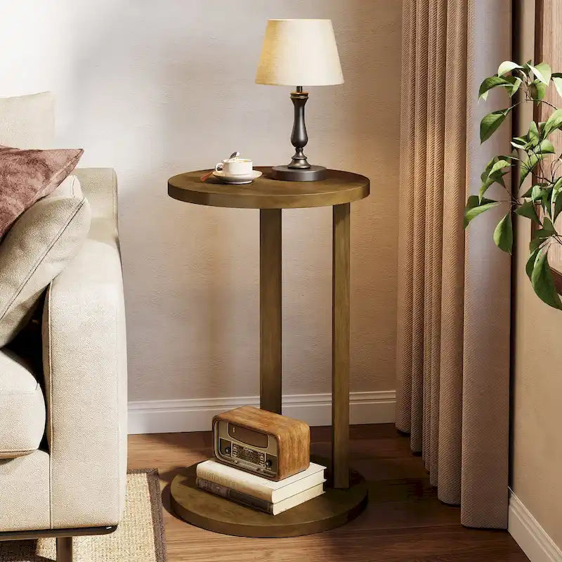 Table d'appoint ronde, Table d'appoint de style rustique à 2 niveaux avec pieds en bois massif