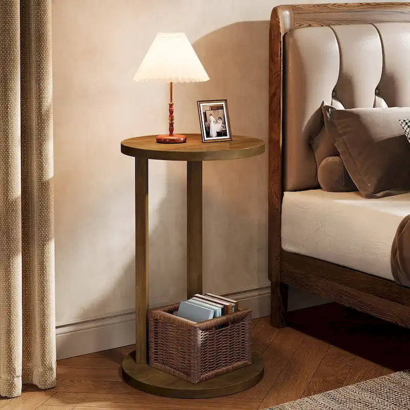 Table d'appoint ronde, Table d'appoint de style rustique à 2 niveaux avec pieds en bois massif