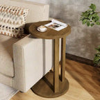 Table d'appoint ronde, Table d'appoint de style rustique à 2 niveaux avec pieds en bois massif