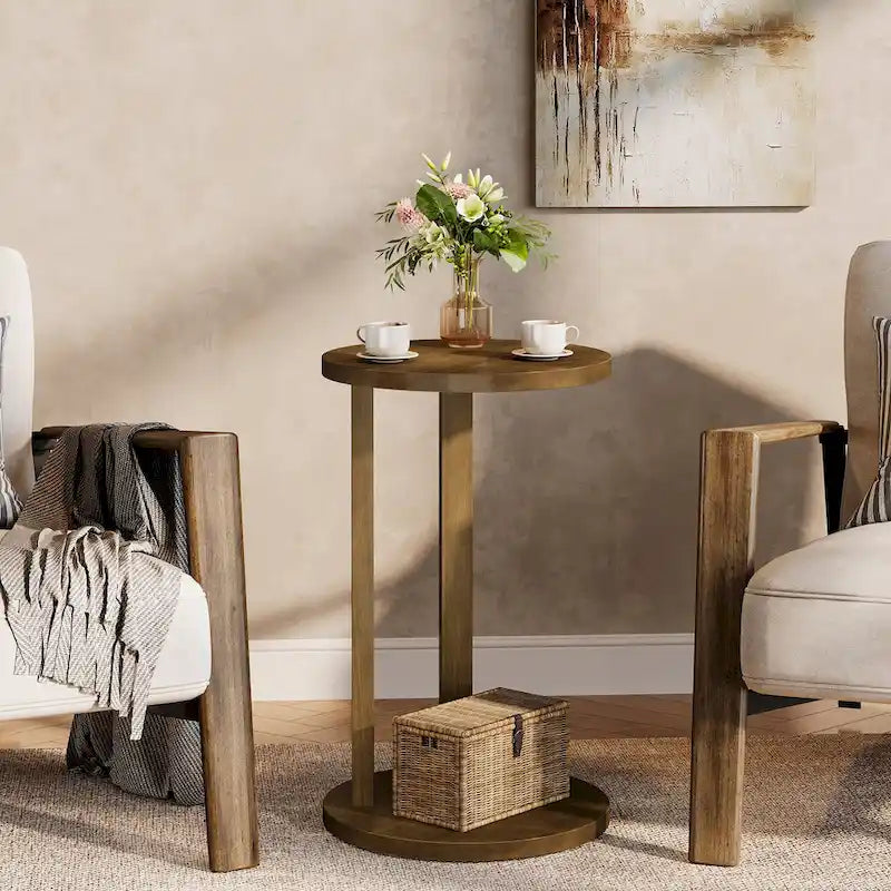 Table d'appoint ronde, Table d'appoint de style rustique à 2 niveaux avec pieds en bois massif