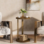 Table d'appoint ronde, Table d'appoint de style rustique à 2 niveaux avec pieds en bois massif
