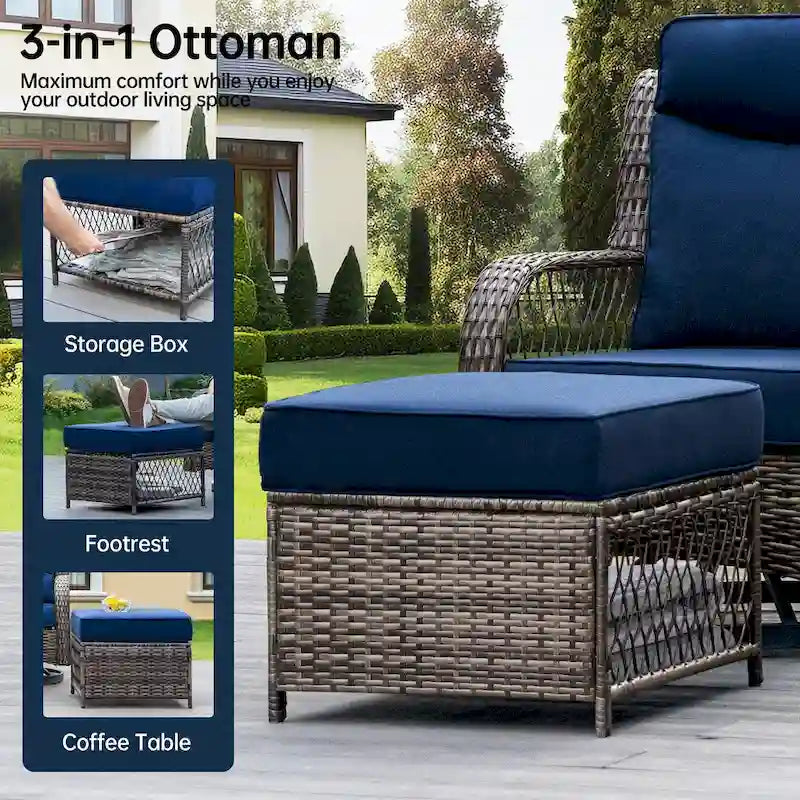 Ensemble de 2 chaises de patio pivotantes et basculantes à dossier haut avec coussins de 12,7 cm d'épaisseur et table d'appoint pour véranda, bord de piscine