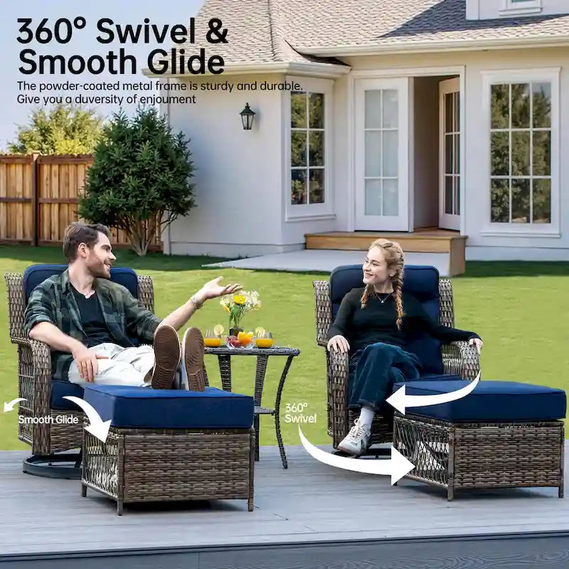Ensemble de 2 chaises de patio pivotantes et basculantes à dossier haut avec coussins de 12,7 cm d'épaisseur et table d'appoint pour véranda, bord de piscine
