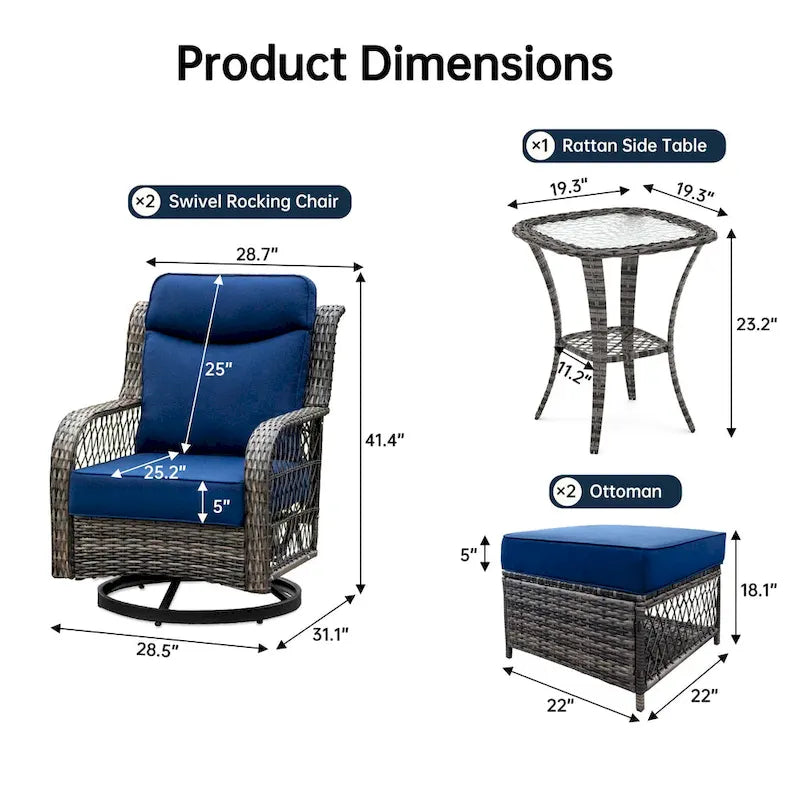 Ensemble de 2 chaises de patio pivotantes et basculantes à dossier haut avec coussins de 12,7 cm d'épaisseur et table d'appoint pour véranda, bord de piscine