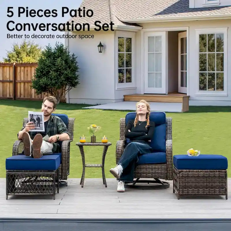 Ensemble de 2 chaises de patio pivotantes et basculantes à dossier haut avec coussins de 12,7 cm d'épaisseur et table d'appoint pour véranda, bord de piscine