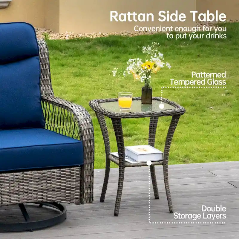 Ensemble de 2 chaises de patio pivotantes et basculantes à dossier haut avec coussins de 12,7 cm d'épaisseur et table d'appoint pour véranda, bord de piscine