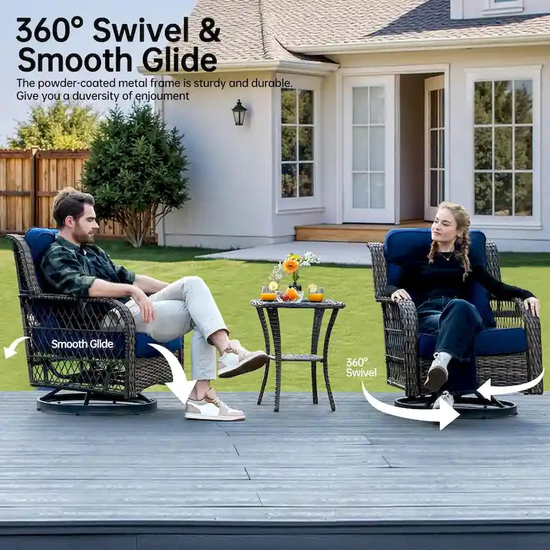Ensemble de 2 chaises de patio pivotantes et basculantes à dossier haut avec coussins de 12,7 cm d'épaisseur et table d'appoint pour véranda, bord de piscine
