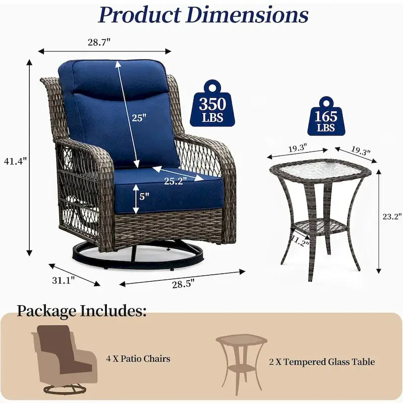 Ensemble de 2 chaises de patio pivotantes et basculantes à dossier haut avec coussins de 12,7 cm d'épaisseur et table d'appoint pour véranda, bord de piscine