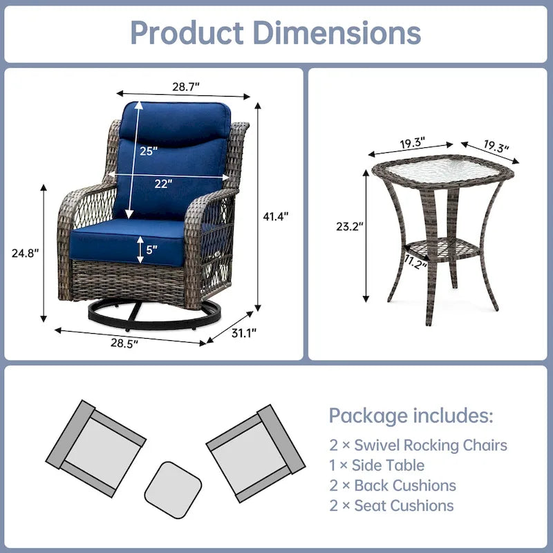 Ensemble de 2 chaises de patio pivotantes et basculantes à dossier haut avec coussins de 12,7 cm d'épaisseur et table d'appoint pour véranda, bord de piscine