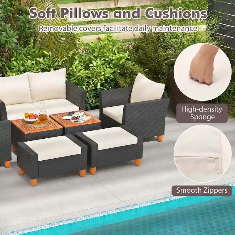 Costway Ensemble de Meubles de Jardin 7 Pièces avec Causeuse Fauteuils Ottomans & - Voir les Détails